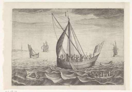 Sailing ship and skiff with soldiers