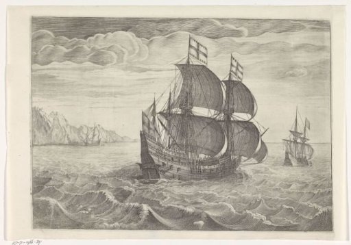 Warship with full sails near a coast