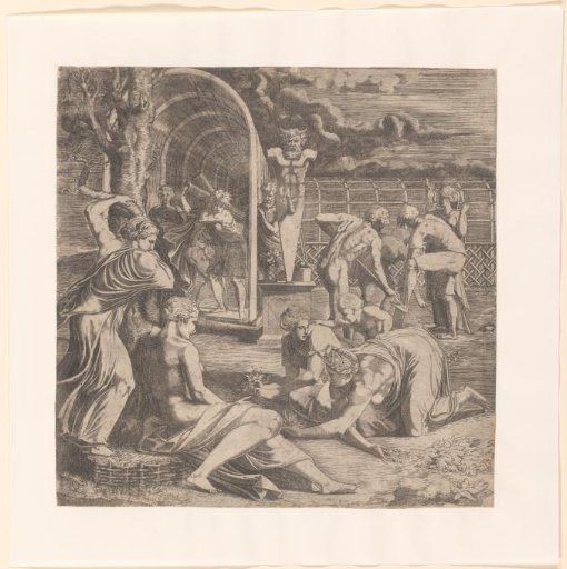 Figures tending a garden with a statue of Priapus
