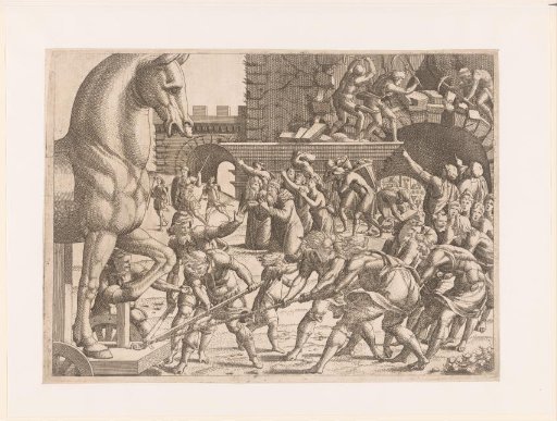 An engraving of the wooden horse being hauled through the gates of Troy. Its huge carved head fills the upper left, crowds strain at ropes below, and soldiers scale the city walls behind.