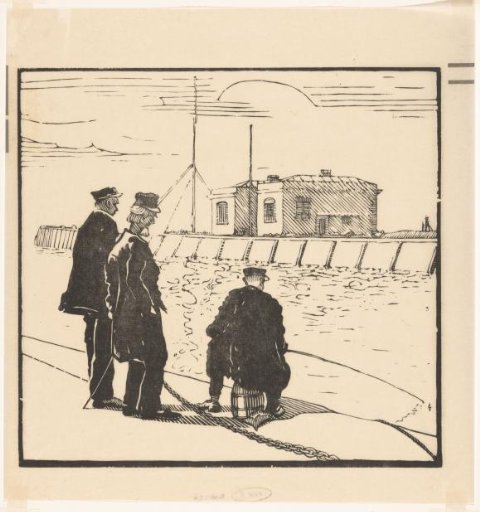 Three men on a quay