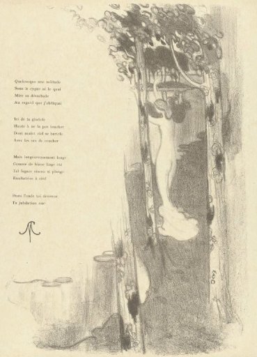 Illustration with standing naked woman among trees by a lake for poem Petit Air by Stéphane Mallarmé