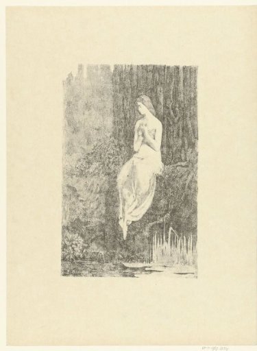 Half-naked woman sitting by the water's edge near a tree