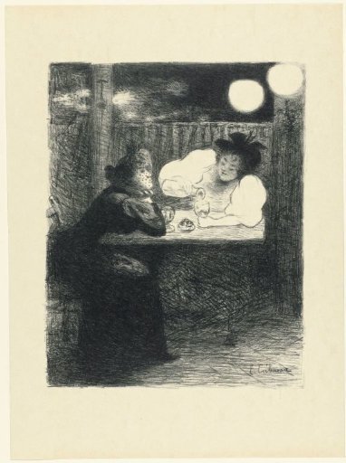 Two women drinking absinthe at table in café