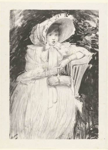 Seated girl with hat on chair with basket on lap