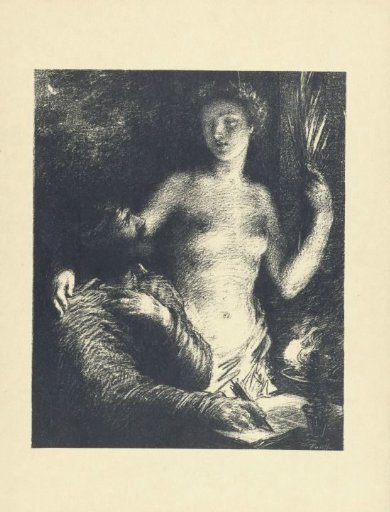 Man seated with pen in hand and open book and standing naked woman beside him as muse or Inspiration