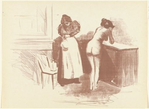 Naked woman washing herself with a servant standing beside her