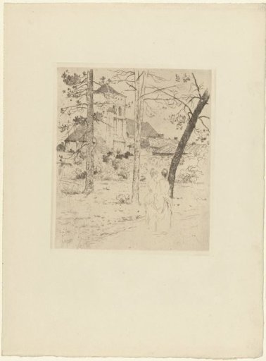 Two women walking past a church and trees