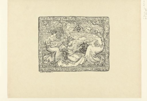 Tapestry with four music-making women in a landscape