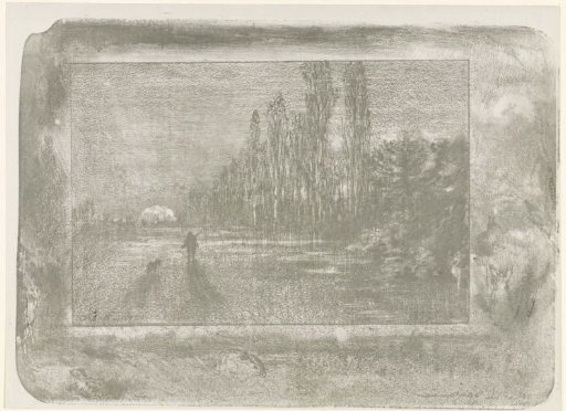 Hunter in an Autumn Landscape with a Setting Sun in a Frame with Animals