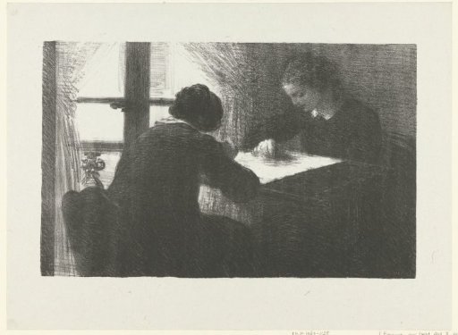 Two Women Embroidering at a Table by a Window in an Interior