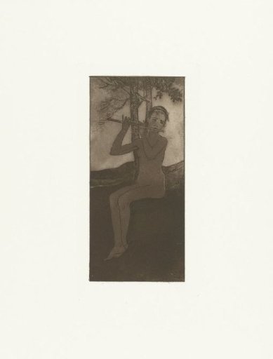 Naked young woman playing a flute in a landscape