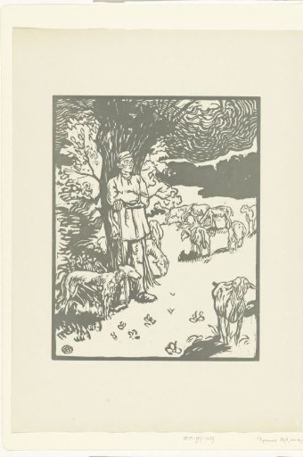 Shepherd with dog and goats by a pollard willow