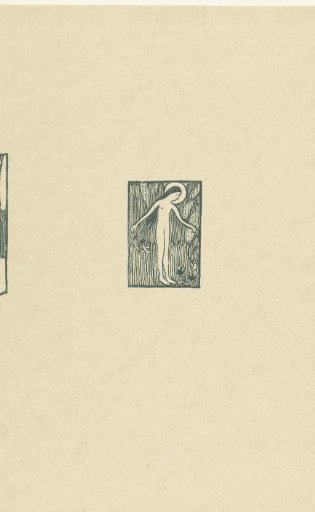 Illustration with a naked female saint standing by a tree accompanying a poem in the poetry collection by Paul Verlaine