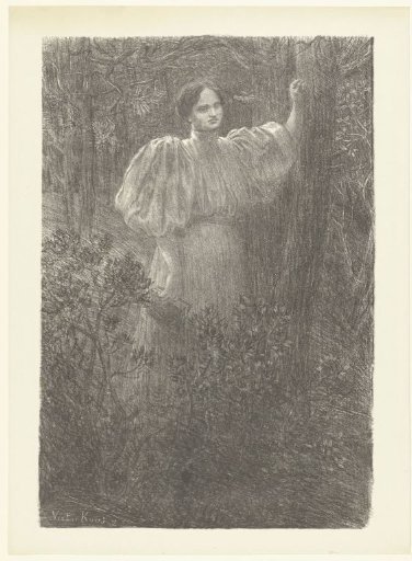 Woman with a book leaning against a tree in a forest