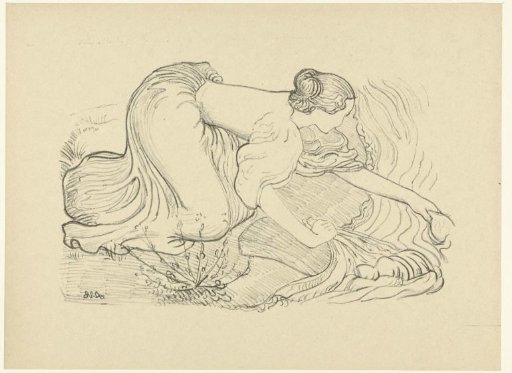 Washerwoman sitting on her knees at the water's edge