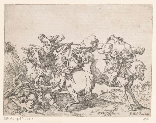 Two mounted musketeers shooting at a rider