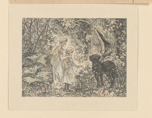 Ella with the fairy Fatima and her dog Nero in a forest