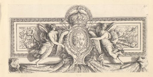 Two angels beside a winged cartouche with coats of arms