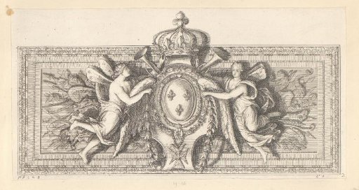 Two angels beside a coat of arms with the French lily