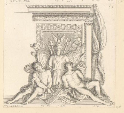 Design for an ornament with military equipment and two captives