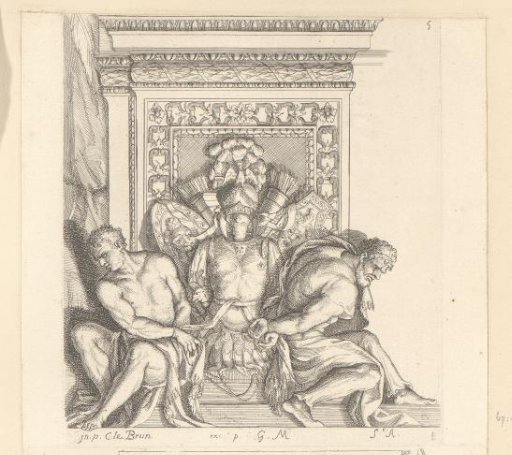 Design for an ornament in the Louvre with two captives beside military equipment