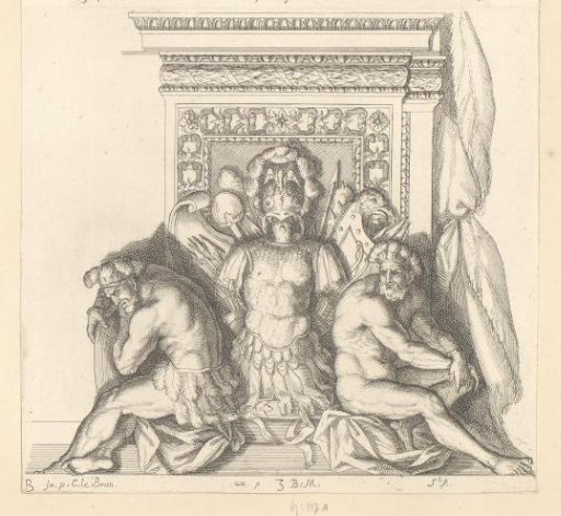 Design for an ornament with two captives beside military equipment