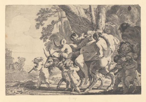 Drunken Silenus on a goat accompanied by bacchantes