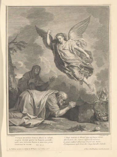Manoach and his wife see the angel ascending in the flame of their sacrifice