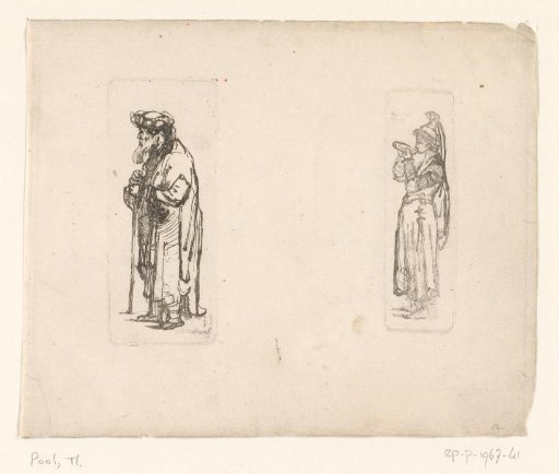 Man with a walking stick and a drinking woman