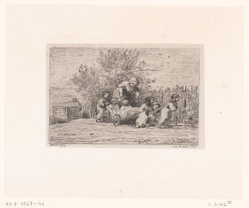 Old woman with children in a carriage