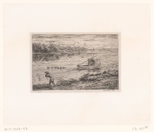 River landscape with a towboat