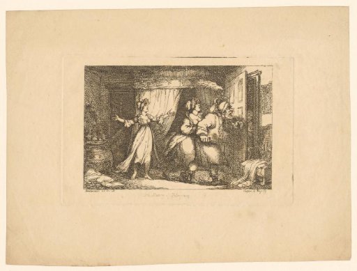 Two women and a man at the door of a bedroom