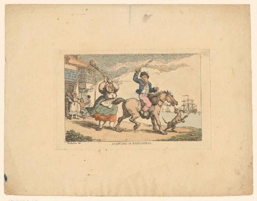 Woman chasing a man on horseback away