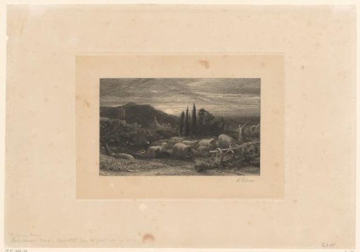 Hilly landscape by moonlight with shepherd and sheep
