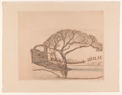 Houses, a Tree by a Pond, and Women Carrying Water Jugs on Their Heads
