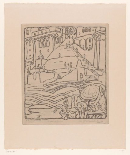 Buildings with Stairs Leading to a Riverbank with Bathing Figures