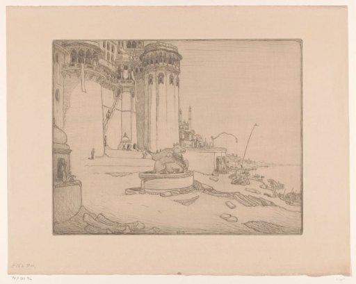 Palaces and a Statue of a Bull on a Riverbank