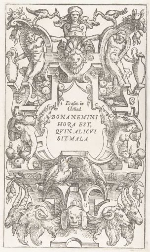 Cartouche with a quotation from Erasmus's Chiliades adagiorum, framed by strapwork with mascarons