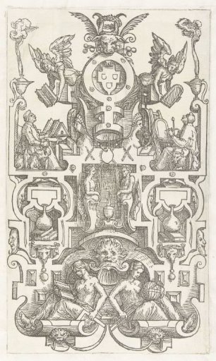 Flat decoration with strapwork; above hangs the coat of arms of the Guild of Saint Luke