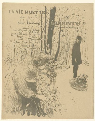 Cover for programme booklet with woman with two children and man in park for play La vie muette with list of roles and actors