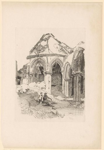 Man and Child Sitting by a Stream near the Ruin of Creake Abbey in Norfolk