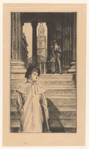 Young woman descending the steps of the National Gallery, London