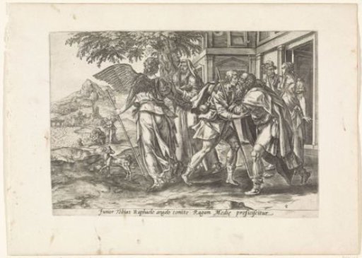 Tobias and the angel take leave of Tobit and Anna