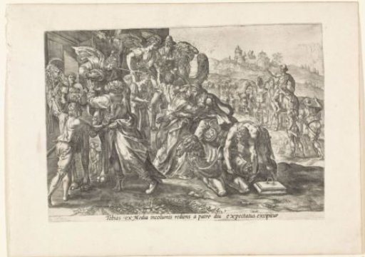 Tobias, Sara and the angel take leave of Raguel and Edna