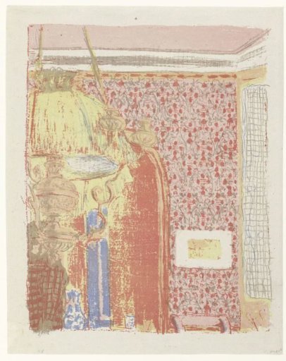 Interior with pink wallpaper and lamp
