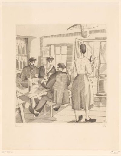 Interior of a café with customers and a waitress