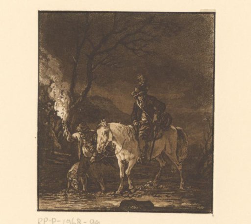 Man on horseback and figure with a torch wading through the water
