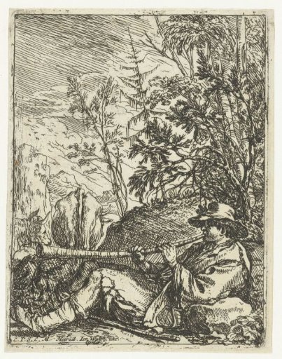 Resting Shepherd Playing a Horn