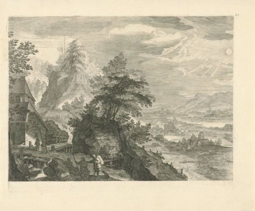 Mountain landscape with resting travellers